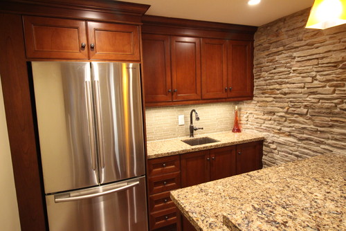 Cambria Canterbury with Natural Slate Wall, Glass Matchstick Backsplash and Cherry Cabinets in Small Kitchen Remodeling